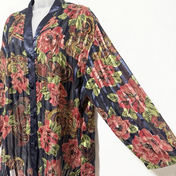 Vintage Victoria’s Secret Floral Paisley Satin Pajama Top M Navy Red Button Up - Picture 3 of 11
